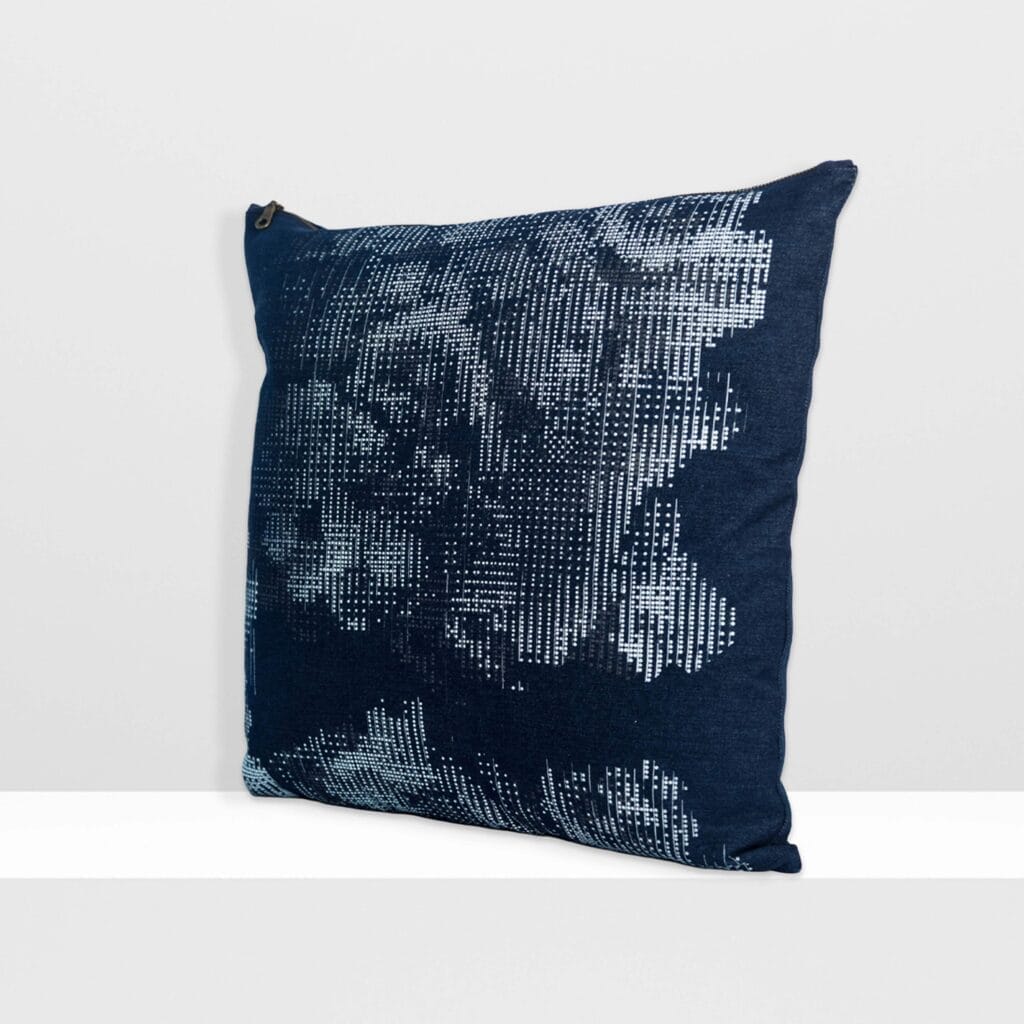 Front view of Digital Moss medium pillow by MIN-studio, screen-printed denim with layered abstract moss-like textures in blue, white, grey inks.