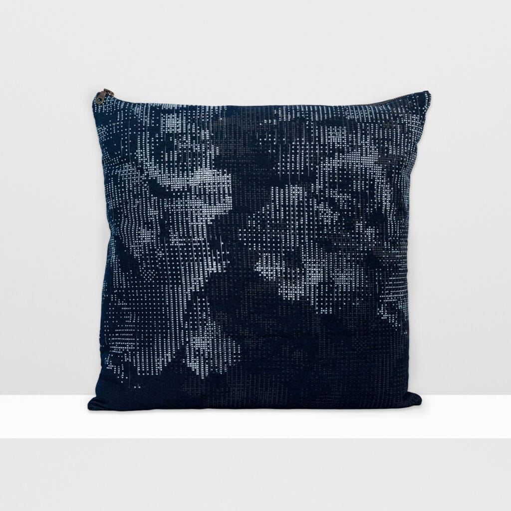 Front view of Digital Moss medium pillow by MIN-studio, screen-printed denim with layered abstract moss-like textures in blue, white, grey inks.