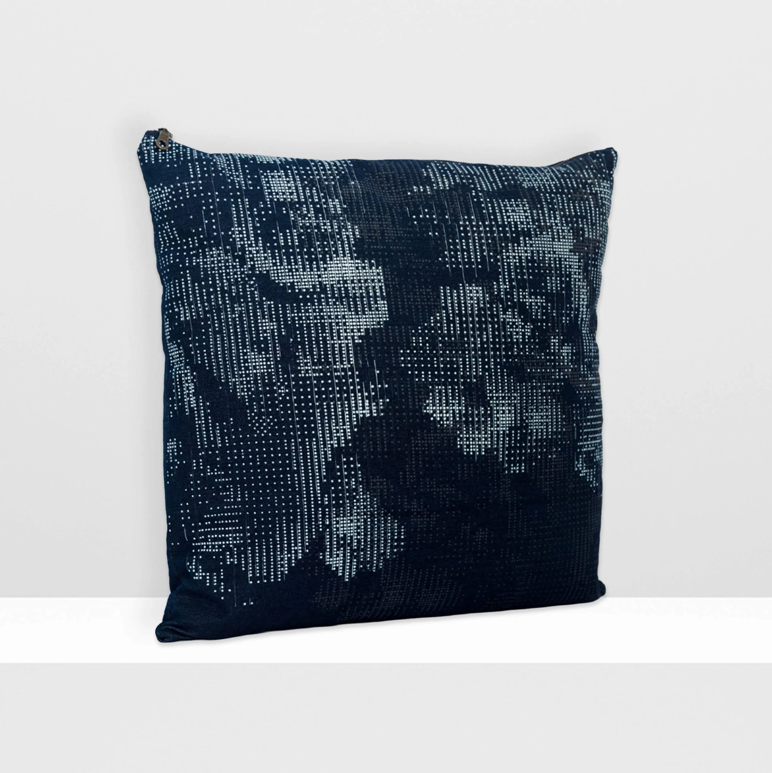 Front view of Digital Moss medium pillow by MIN-studio, screen-printed denim with layered abstract moss-like textures in blue, white, grey inks.