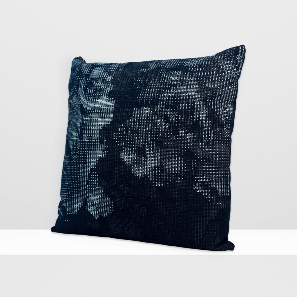 Front view of Digital Moss medium pillow by MIN-studio, screen-printed denim with layered abstract moss-like textures in blue, white, grey inks.