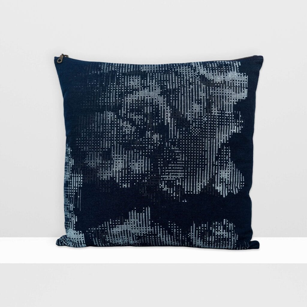 Front view of Digital Moss medium pillow by MIN-studio, screen-printed denim with layered abstract moss-like textures in blue, white, grey inks.