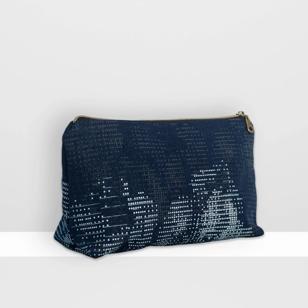 Large Digital Moss beauty bag by MIN-studio in grey and blue layered screen print with abstract moss-like textures on denim.