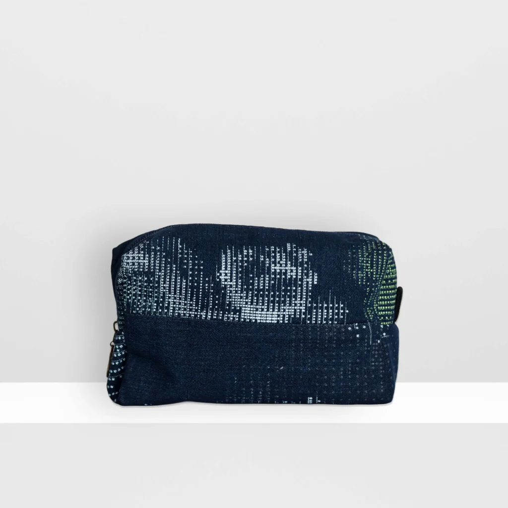 Beauty bag medium Digital Moss by MIN-studio with glow yellow layered screen print creating abstract moss-like textures on denim.