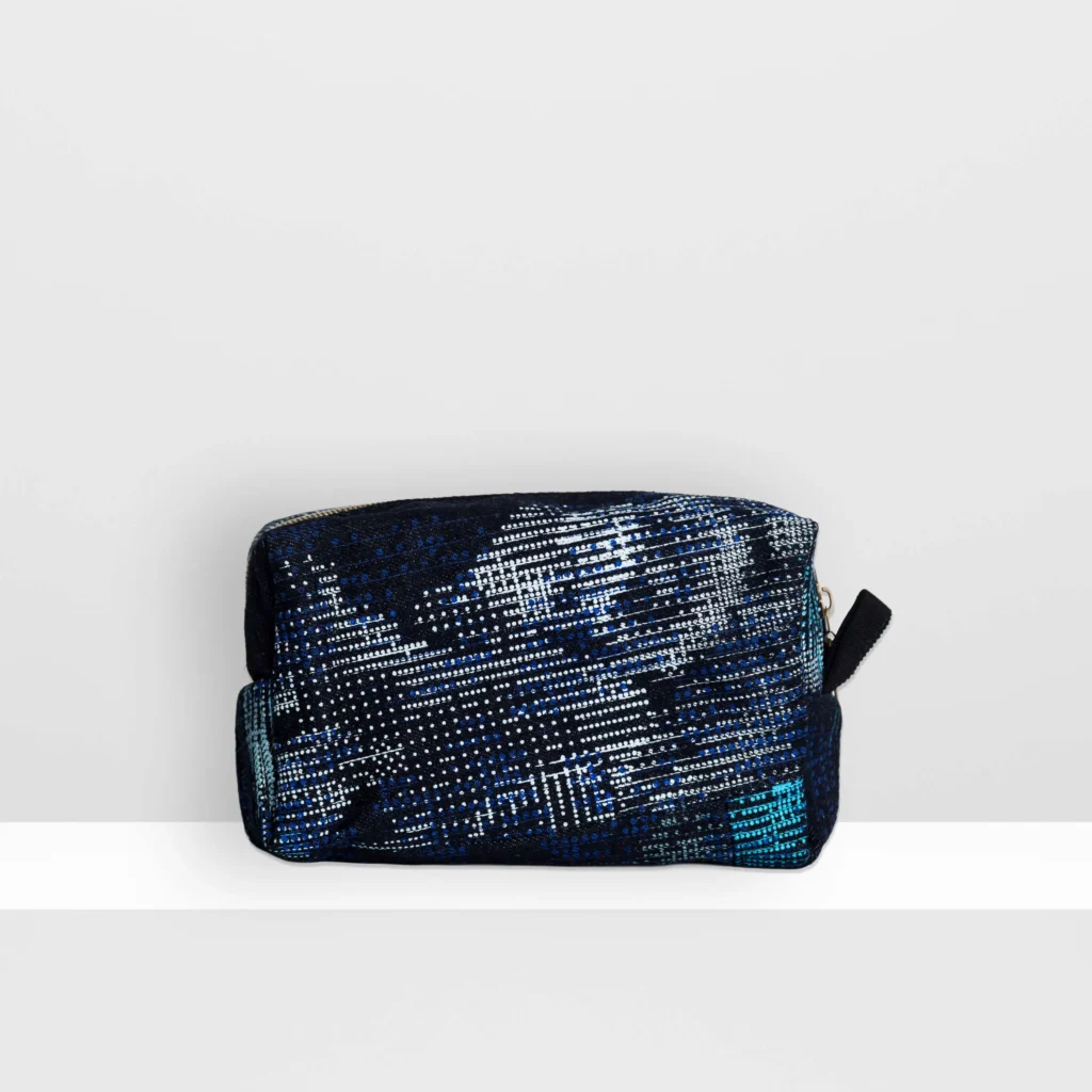 Beauty bag medium Digital Moss by MIN-studio in layered blue ink screen print on denim with abstract moss-like textures and patchwork construction.