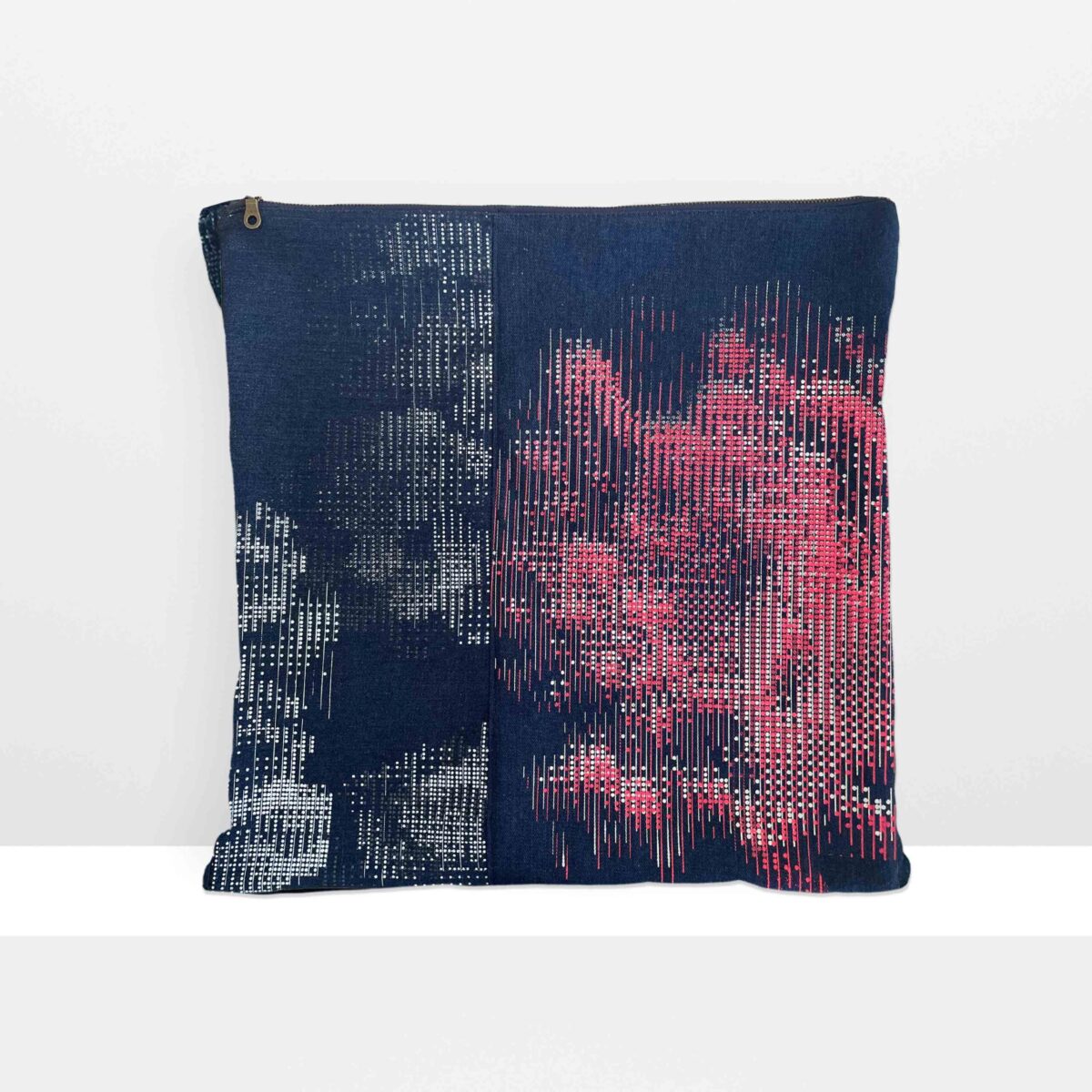 Front view of Digital Moss medium pillow by MIN-studio, screen-printed denim with layered abstract moss-like textures in hot neon pink, white, grey inks.