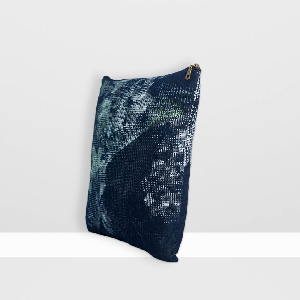 Front view of Digital Moss medium pillow by MIN-studio, screen-printed denim with layered abstract moss-like textures in blue, white, grey, and glow yellow inks.