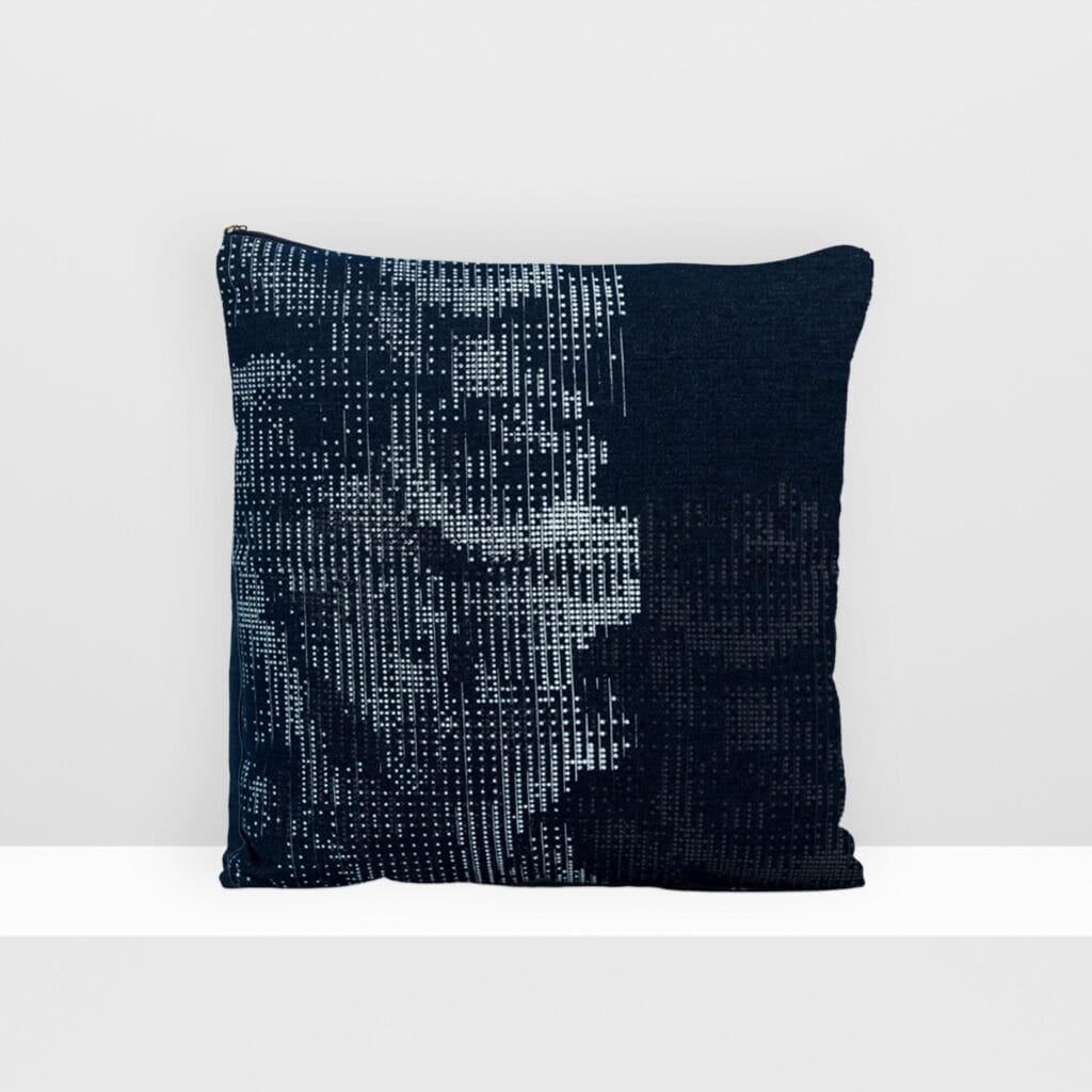 Front view of Digital Moss medium pillow by MIN-studio, screen-printed denim with layered abstract moss-like textures in blue, white, grey inks.