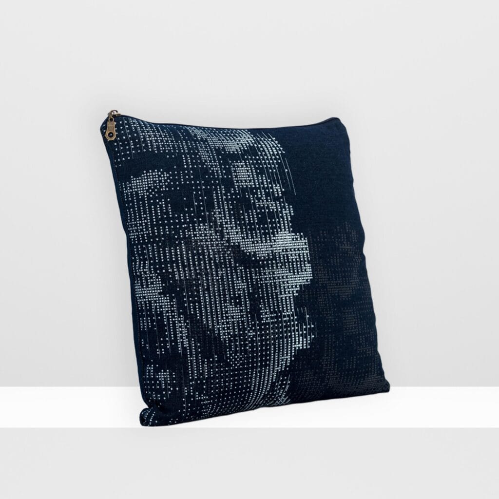 Front view of Digital Moss medium pillow by MIN-studio, screen-printed denim with layered abstract moss-like textures in blue, white, grey inks.
