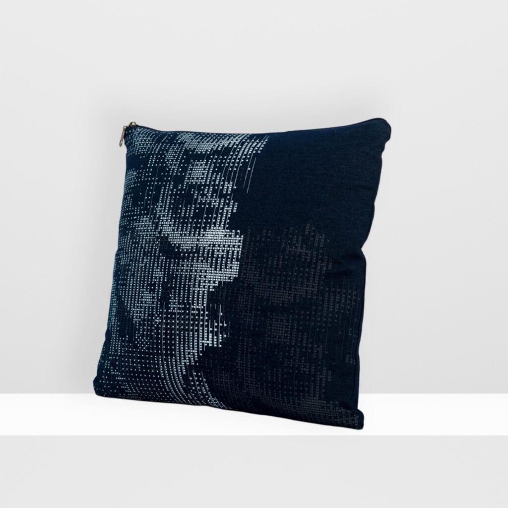 Front view of Digital Moss medium pillow by MIN-studio, screen-printed denim with layered abstract moss-like textures in blue, white, grey inks.