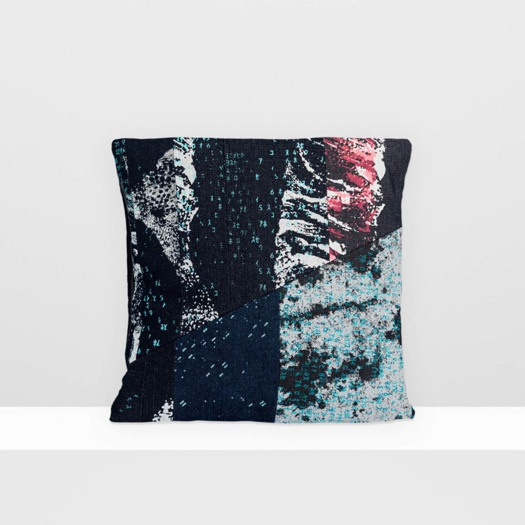 Front view of Space Collection medium pillow by MIN-studio, screen-printed denim with layered moon surface textures in blue, grey, and neon pink inks, featuring edgy, grunge-inspired abstract patterns.