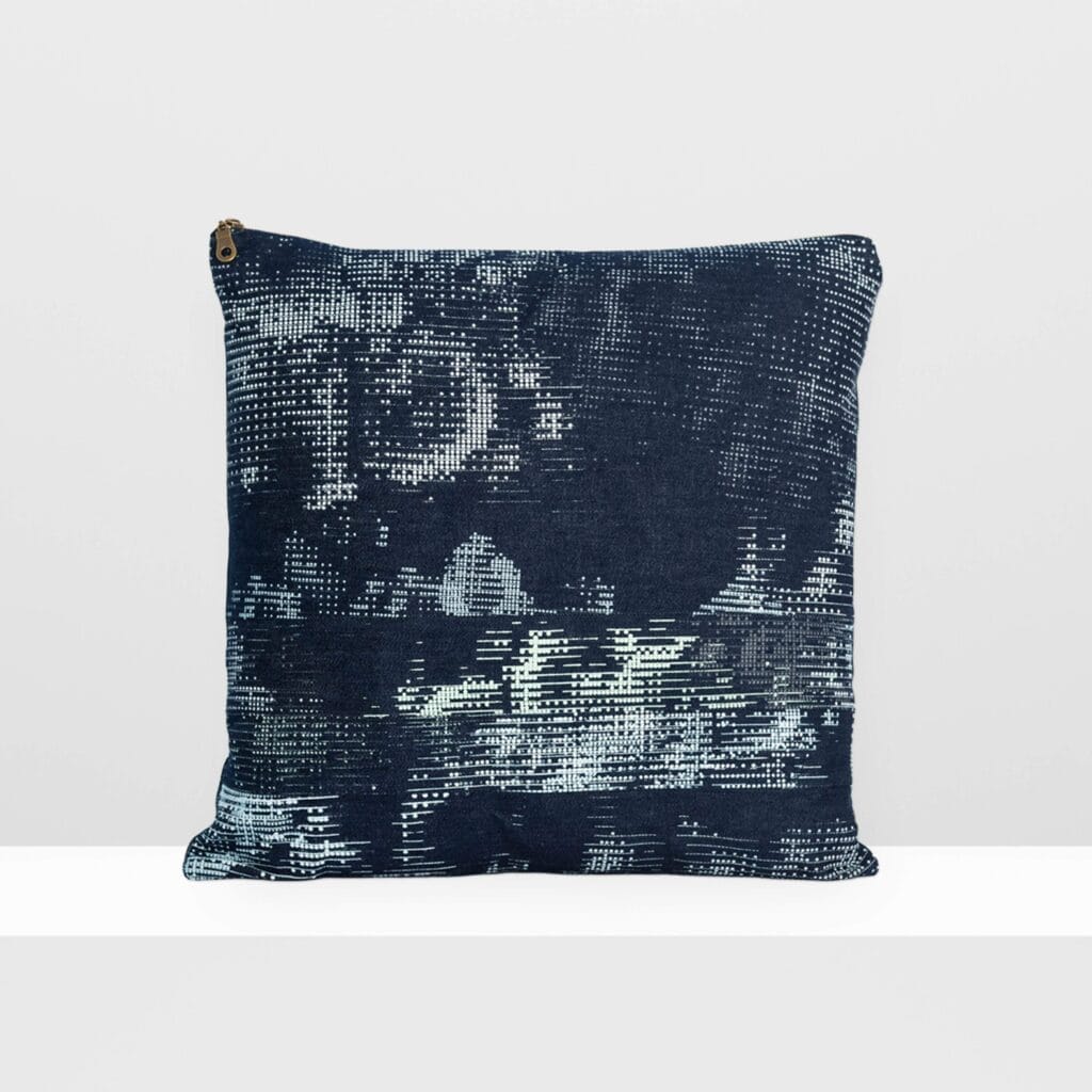 Front view of Digital Moss medium pillow by MIN-studio, screen-printed denim with layered abstract moss-like textures in blue, white, grey, and glow yellow inks.