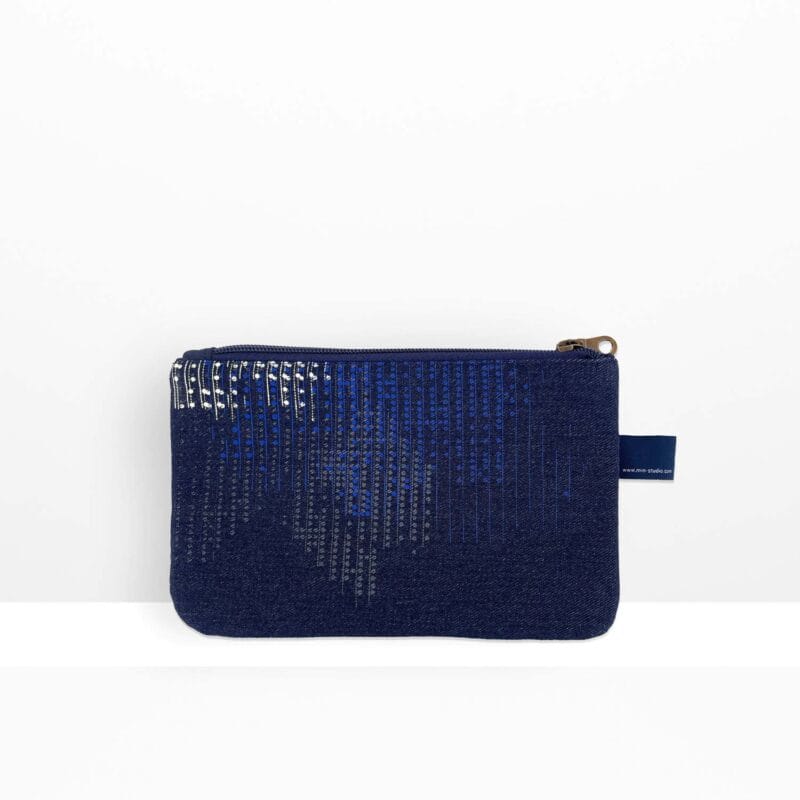 Zip pouch small Digital Moss by MIN-studio, back view, screen-printed recycled denim with layered moss-like textures in blue, grey and white inks.