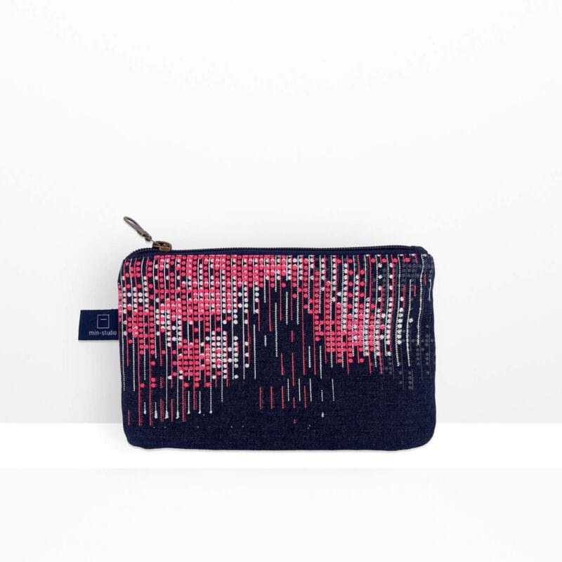 Zip pouch small Digital Moss by MIN-studio, front view, screen-printed recycled denim with layered moss-like textures in glow pink, grey and white inks.