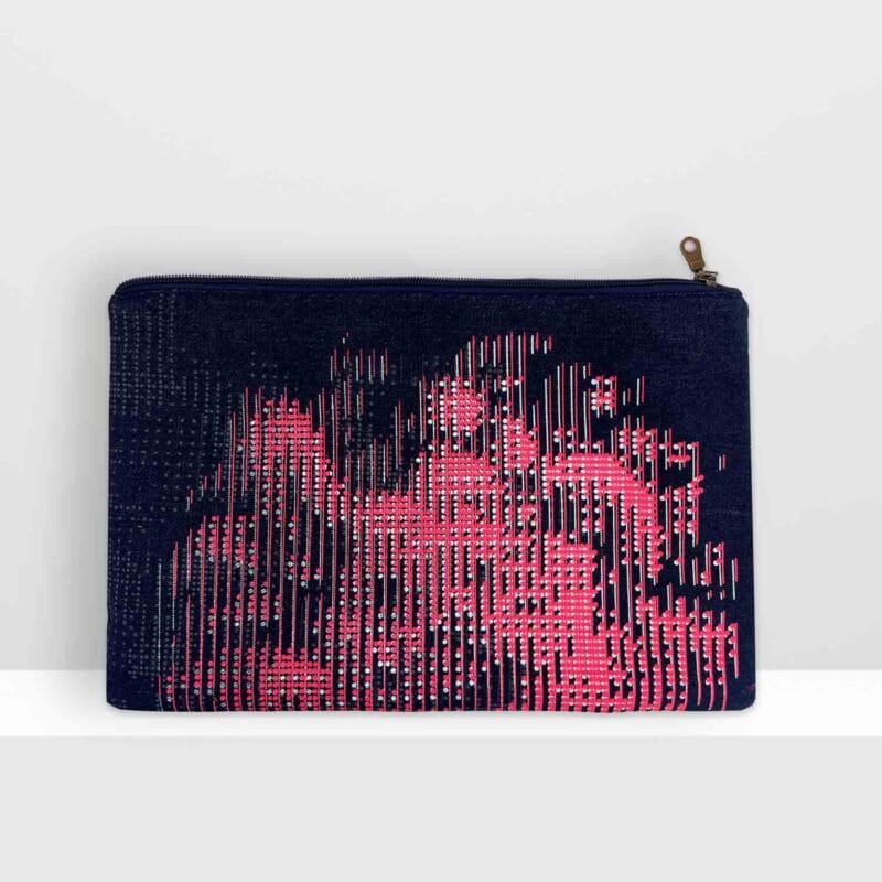 zip pouch large Digital Moss by MIN-studio, front view, screen-printed recycled denim with layered moss-like textures in glow pink, grey and white inks.